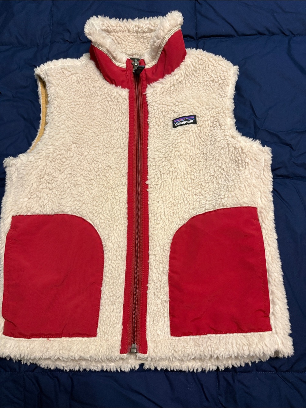 Patagonia Cream Sherpa Vest with Red Pockets and Trim